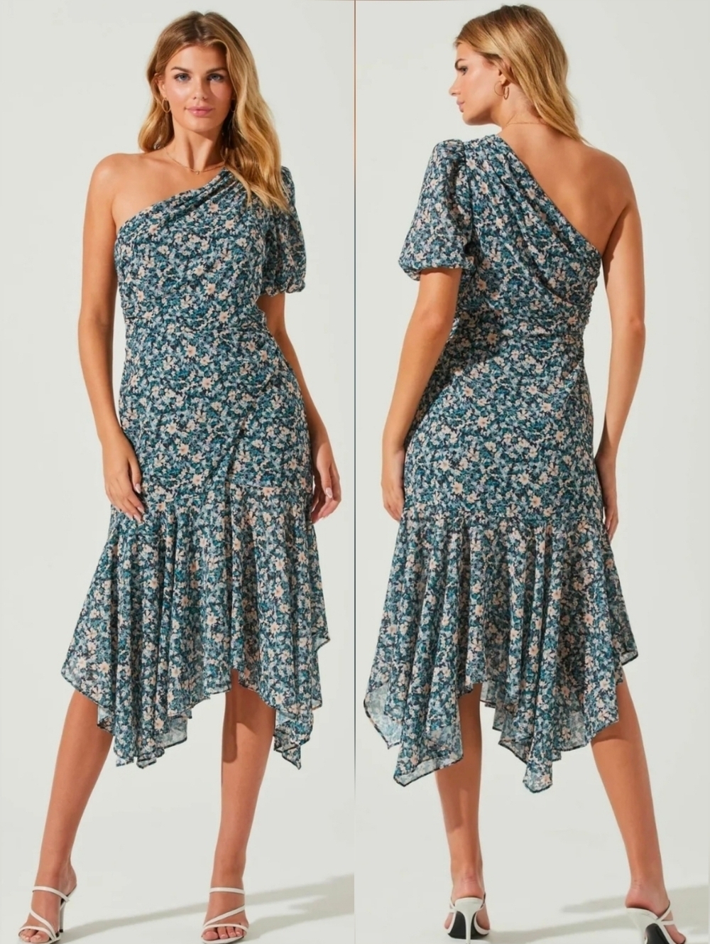 ASTR Santorini One Shoulder Floral Midi Dress M Romantic Wedding Guest Dress